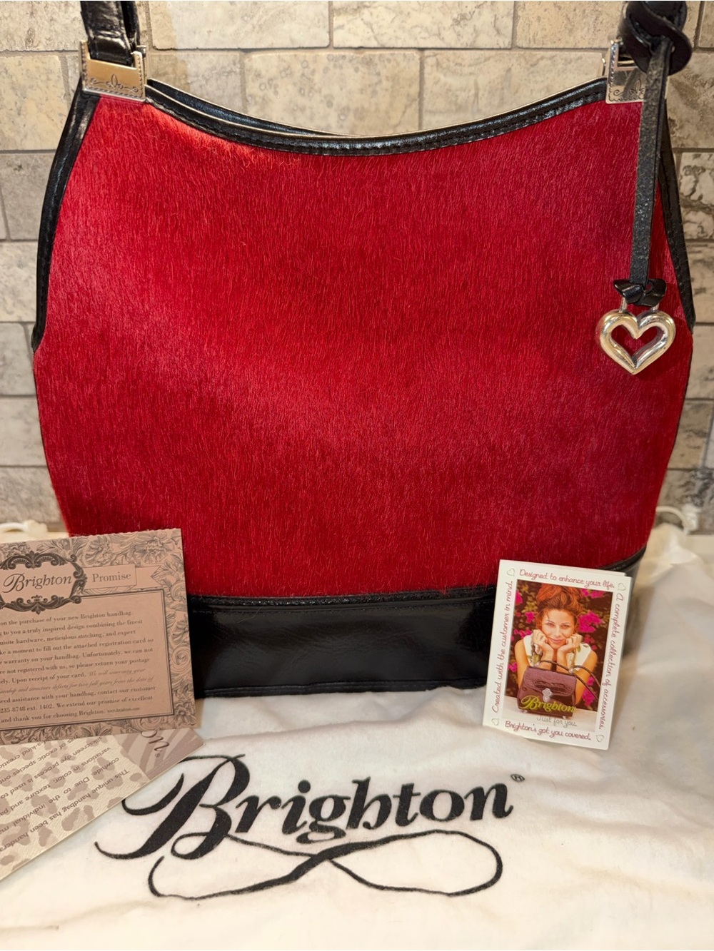 Brighton Vintage Calfhair Red Shoulder Bag with Black Trim and Heart Charm